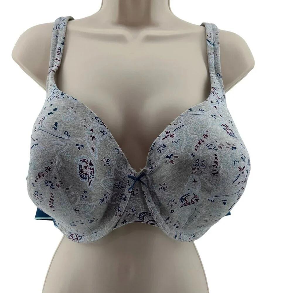 Lane Bryant Cacique Lightly Lined T Shirt Bra Grey Blue Print 46DD